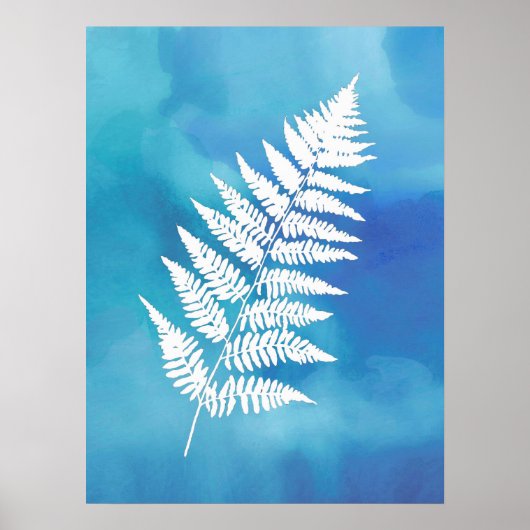 Fern Frond, White on Blue Waterverf Background Poster (Voorkant)