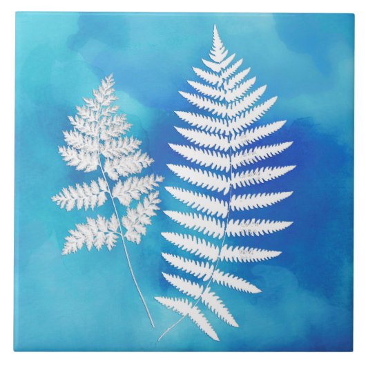 Fern Frond, White on Blue Waterverf Background Tegeltje (Voorkant)
