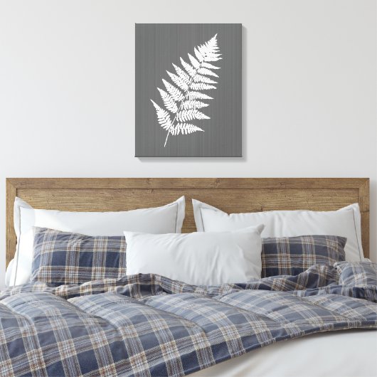 Fern Frond, White on Charcoal Grey / Grey Canvas Afdruk (Insitu (Slaapkamer))
