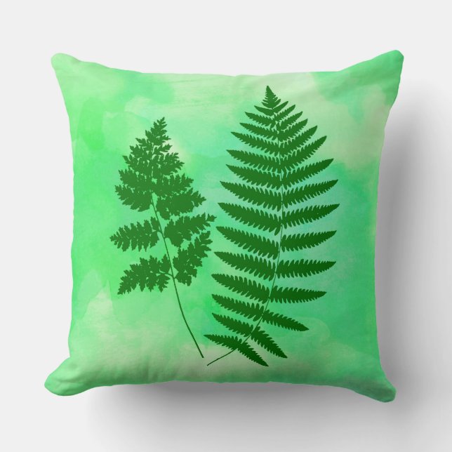 Fern Fronds, Groen op Waterverf achtergrond Kussen (Voorkant)