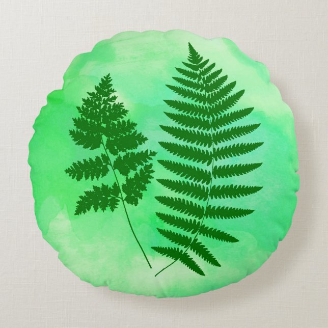 Fern Fronds, Groen op Waterverf achtergrond Rond Kussen (Voorkant)