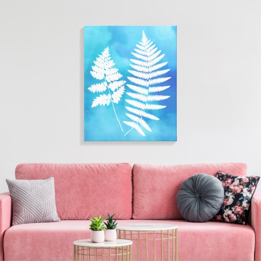 Fern Fronds, White on Blue Waterverf Background Canvas Afdruk (Insitu (Woonkamer))
