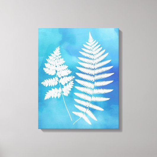 Fern Fronds, White on Blue Waterverf Background Canvas Afdruk (Voorkant)