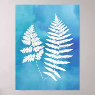 Fern Fronds, White on Blue Waterverf Background Poster
