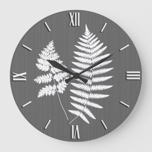 Fern Fronds, White on Charcoal Grey / Grey Grote Klok (Voorkant)