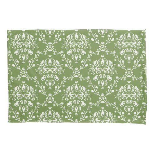 Fern Green en White Damask Kussensloop (Voorkant-Links)