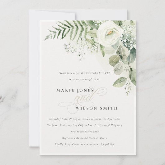 Fern Greenery White Floral Couples Shower Invite Bedankkaart (Voorkant)