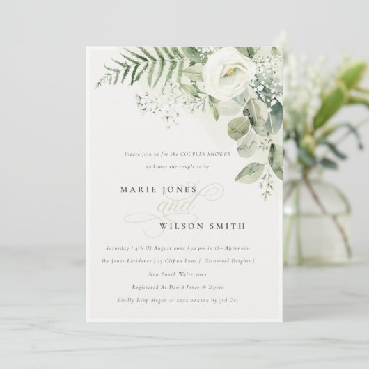 Fern Greenery White Floral Couples Shower Invite Bedankkaart (Staand voorkant)