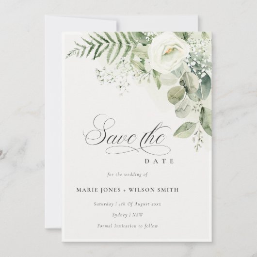 Fern Greenery White Floral Save the Date Invite Bedankkaart (Voorkant)
