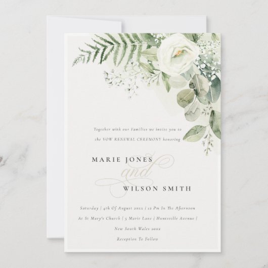 Fern Greenery White Floral Vow Renewal Invite Bedankkaart (Voorkant)