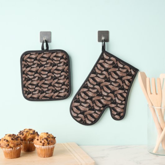 Fern Leaf Roos Goud Op Zwart Ovenwant & Pannenlap Set (Insitu(Ophanging))