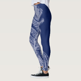 Fern Leaves Texture Sketch White Blue Leggings