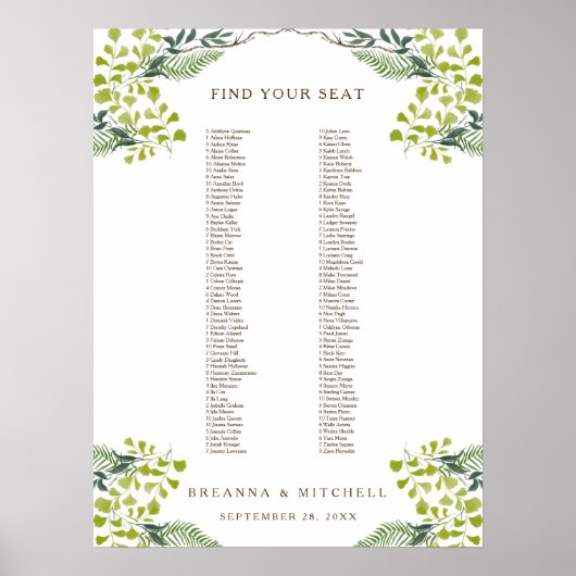 Fern Pepper Tree Leaves Wedding Seating Chart Poster (Voorkant)