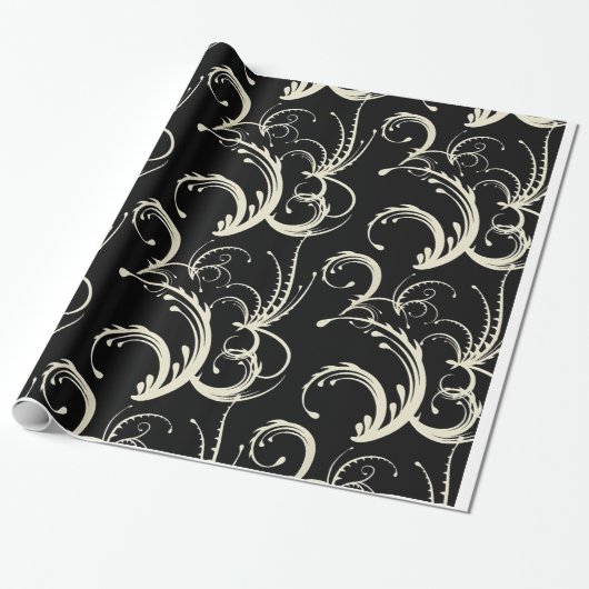 Fern & Tendril Swirls in Black & Cream Cadeaupapier (Uitgerold)
