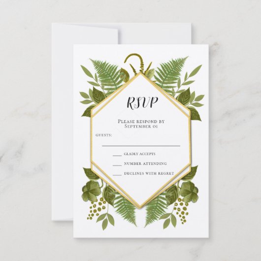 Ferns and Fauna Gold and Greenery Wedding RSVP Kaart (Voorkant)