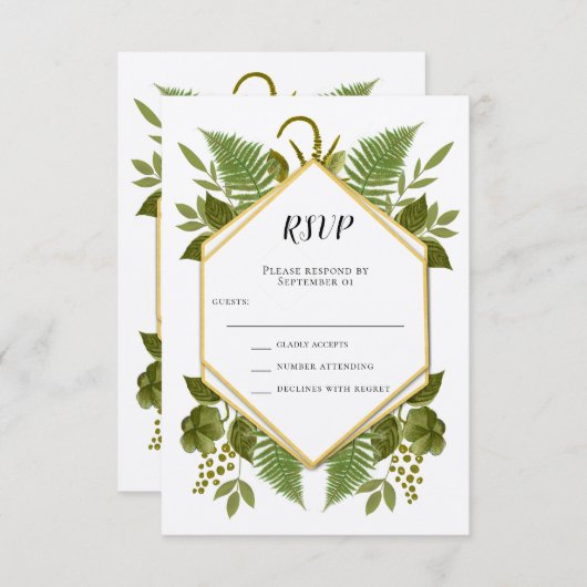 Ferns and Fauna Gold and Greenery Wedding RSVP Kaart (Voorkant / Achterkant)
