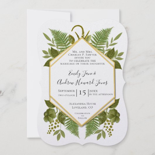 Ferns and Fauna White & Greenery Wedding Kaart (Voorkant)