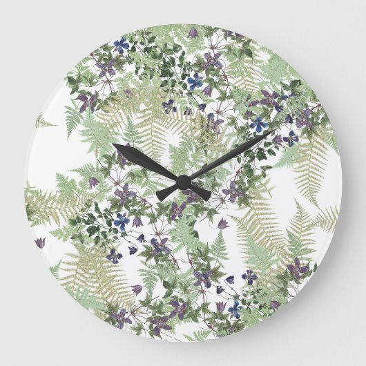 Ferns Clematis Vine Flowers Floral Wall Clock Grote Klok (Voorkant)