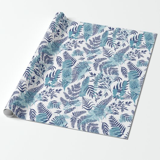 Ferns in Blue and White Wrapping Paper Cadeaupapier (Uitgerold)