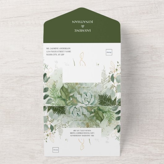 Ferns Succulents Greenery Wedding All In One Uitnodiging (Buitenkant)
