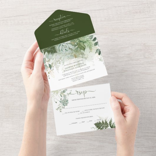 Ferns Succulents Greenery Wedding All In One Uitnodiging (Afscheurbaar)