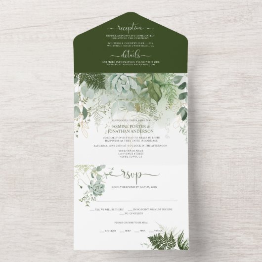 Ferns Succulents Greenery Wedding All In One Uitnodiging (Binnen)