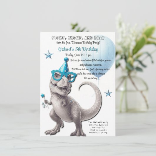 Ferocious T-Rex Dinosaur Birthday Party Invitation Kaart (Staand voorkant)