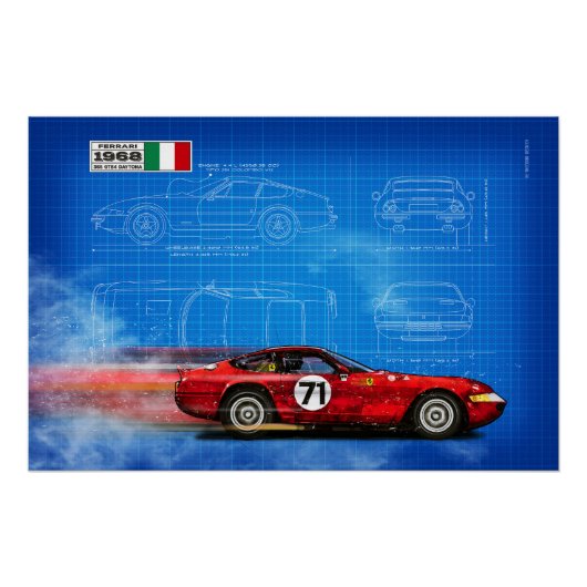 Ferrari 365 GTB/4 Daytona Blueprint Perfect Poster (Voorkant)