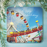 Ferris Wheel Roller Onderzetter Happy Birthday Scr<br><div class="desc">"Gelukkige verjaardag". Herbeleef de jeugdherinneringen aan zachte bries, vrolijk geschreeuw en vogelachtige uitzichten. Onthoud het plezier tijdens het vieren van verjaardagen met behulp van deze sinaasappel, turquoise, & blauw reuzenrad en roller onderzetter fotografie papieren onderzetters. Uw keuze uit verschillende vormen. Bijpassende borden, servetten en andere verjaardagsartikelen zijn ook beschikbaar. U...</div>