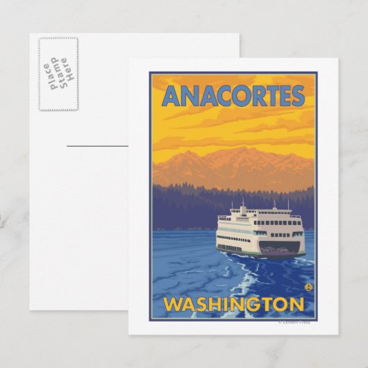 Ferry and Mountains - Anacortes, Washington Briefkaart (Voorkant / Achterkant)
