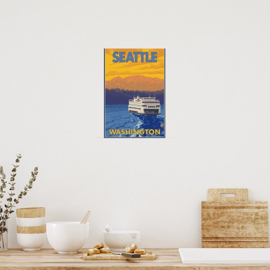 Ferry and Mountains - Seattle, Washington Poster (Keuken)