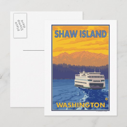 Ferry and Mountains - Shaw Island, Washington Briefkaart (Voorkant / Achterkant)