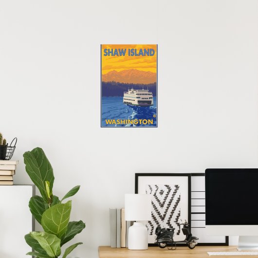 Ferry and Mountains - Shaw Island, Washington Poster (Thuiskantoor)