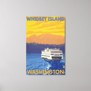Ferry and Mountains - Whidbey Island, Washington Canvas Afdruk