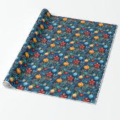 Festief Blauw Kerstversiering & Bladerpatroon Cadeaupapier (Uitgerold)