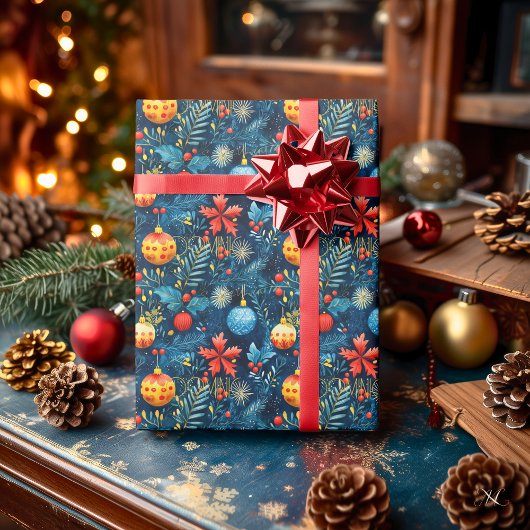 Festief Blauw Kerstversiering & Bladerpatroon Cadeaupapier