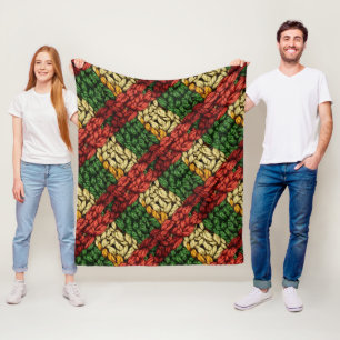Festief geruit breipatroon in rood, groen en goud fleece deken