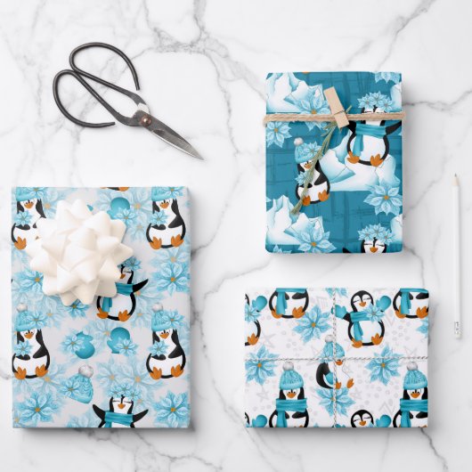 Festief kerstgetild pinguïn patroon inpakpapier vel (Voorkant)