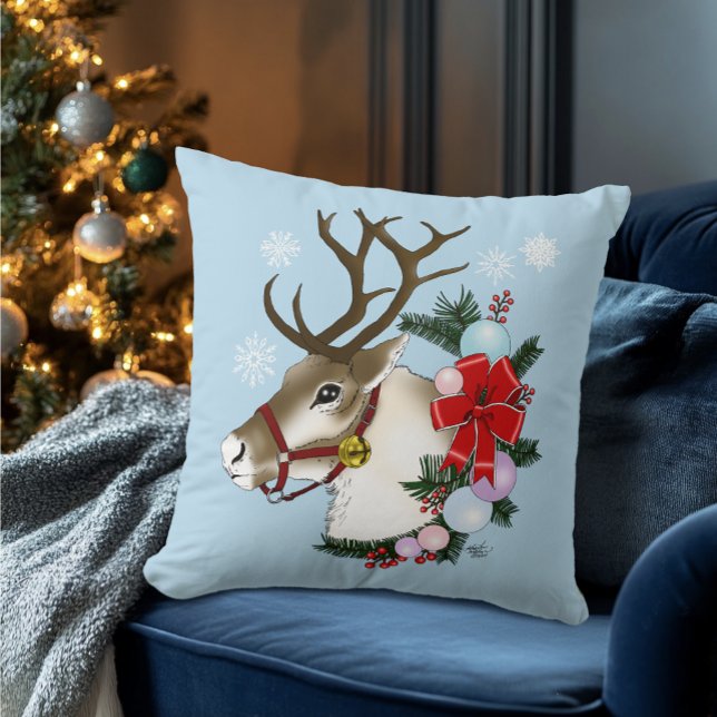 Festieve blauwe kerst-reh krans  kussen (Creator heeft geüpload)