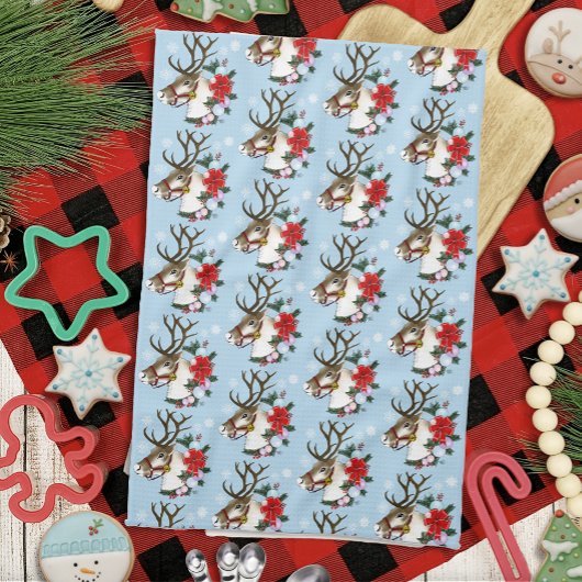 Festieve blauwe kerst-rehkrans theedoek
