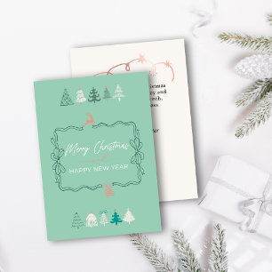 Festieve Boog & Mooie Bomen Doodle Retro Kerstkaar Feestdagenkaart