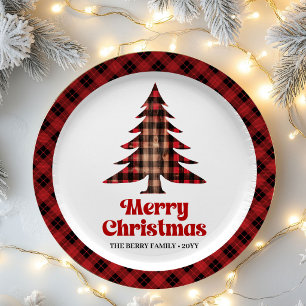 Festieve geruite kerstboom met eigen naam op papie papieren bordje