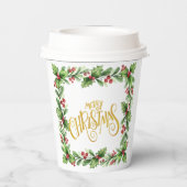 Festieve kerstkrans van hulst - Kerstmis in goud Papieren Bekers (Achterkant)