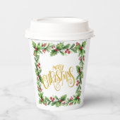 Festieve kerstkrans van hulst - Kerstmis in goud Papieren Bekers (Voorkant)