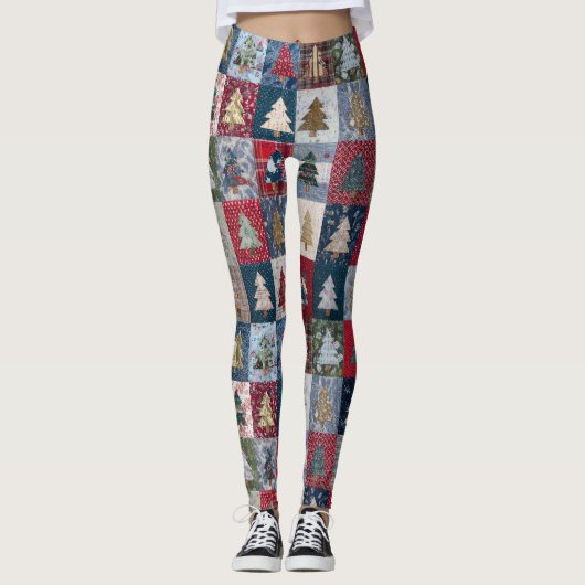 Festieve Patchwork Kerstboom Patroon (4) Leggings (Voorkant)