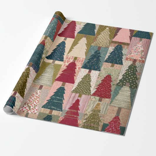 Festieve Patchwork Kerstboompatroon (3) Cadeaupapier (Uitgerold)