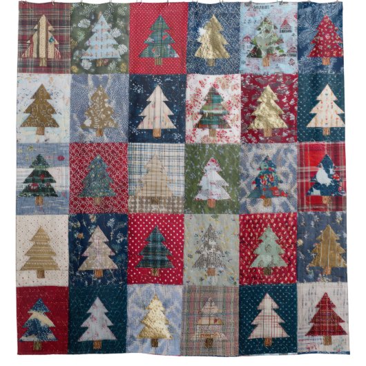 Festieve Patchwork Kerstboompatroon (4) Douchegordijn (Voorkant)