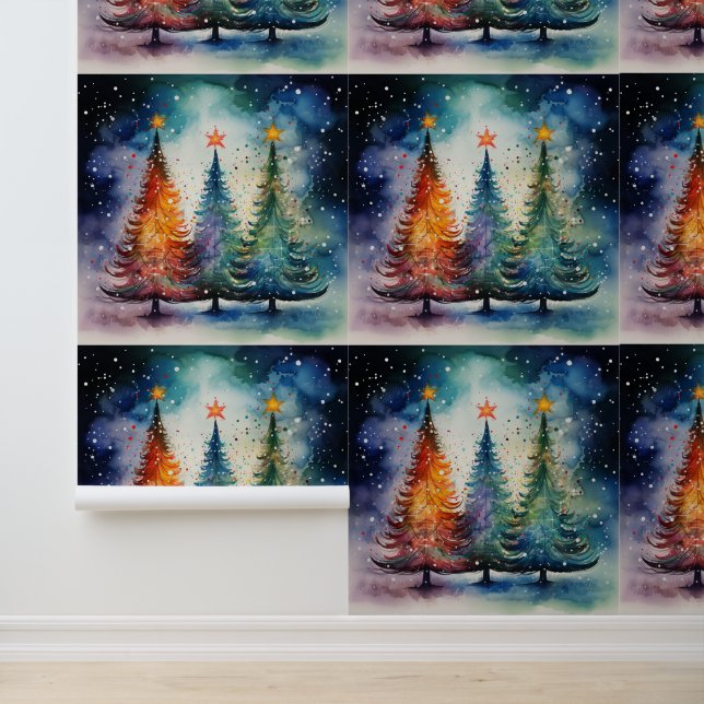 Festieve Watercolor Winterbomen Textured  Behang (Applicatie)