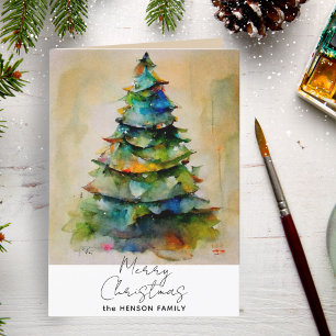 Festieve Waterverf Kerstboom Artistieke Tekening Feestdagen Kaart