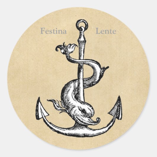 Festina Lente Anchor en Dolphin Ronde Sticker (Voorkant)